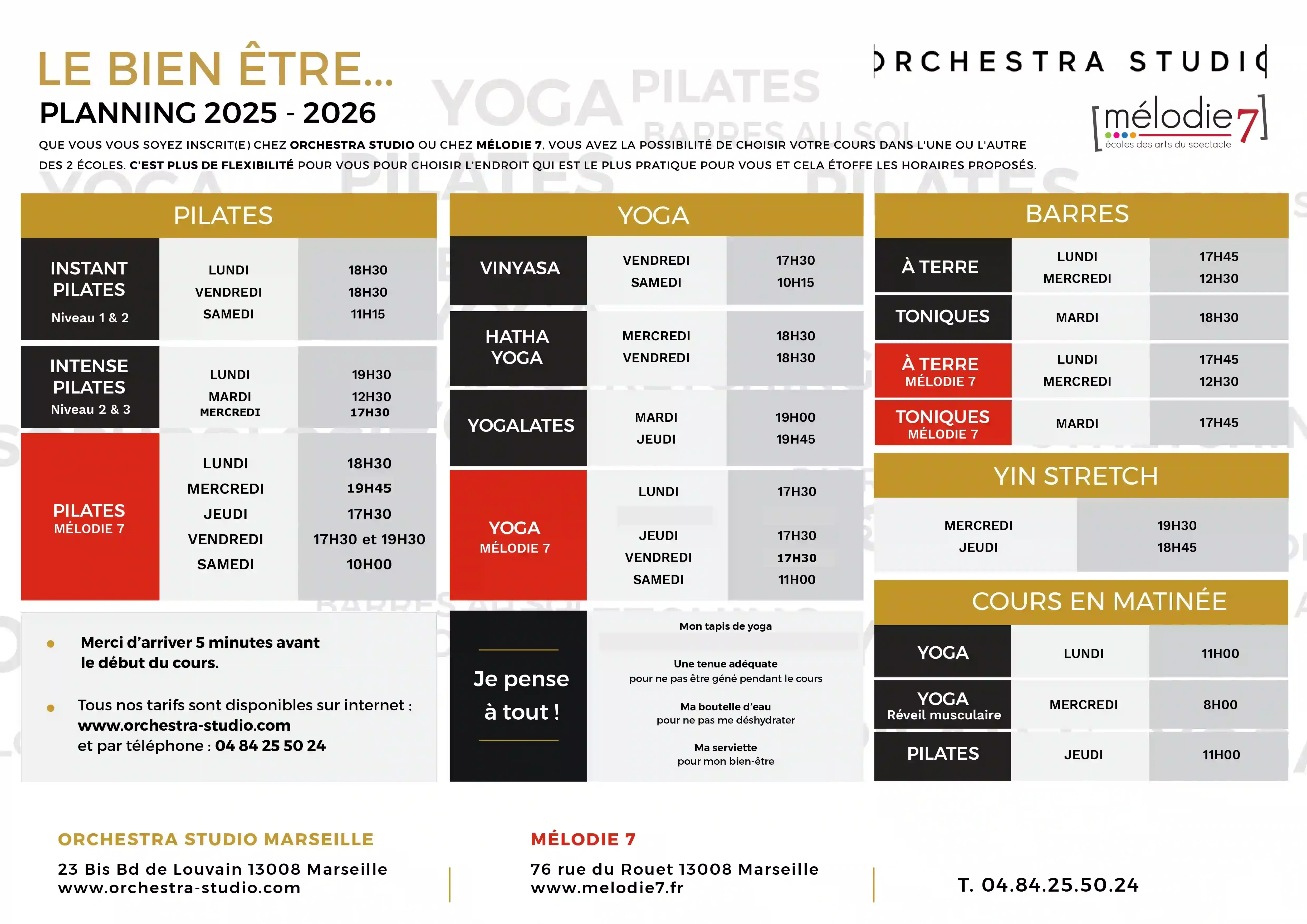 Planning cours de bien-être